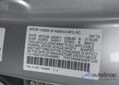 2019 Honda Accord Sport from USA, damaged, VIN 1HGCV1F37KA084807